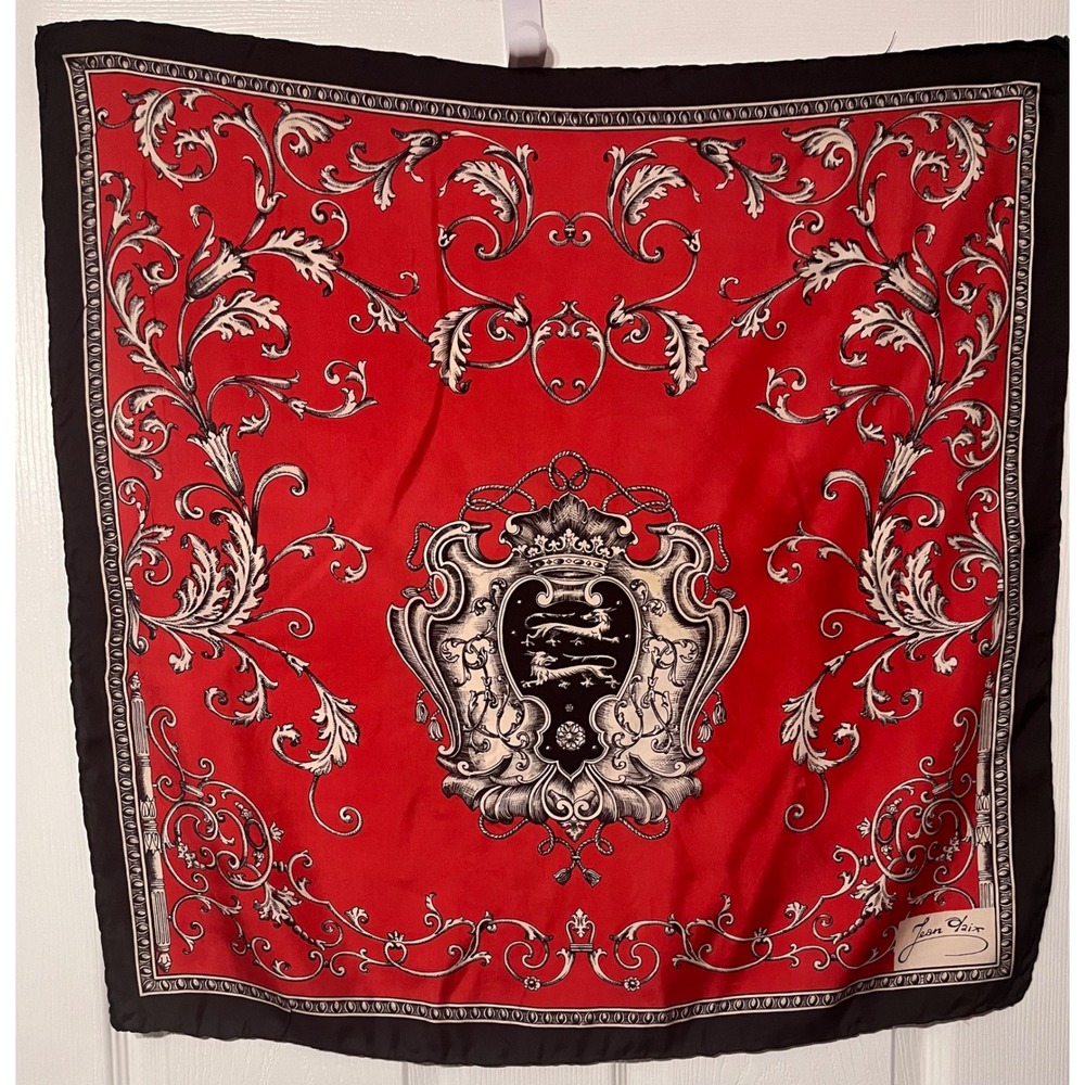 Jean Daix Vintage Silk Scarf Red Black White Heraldic Crest Lion Square 26x26